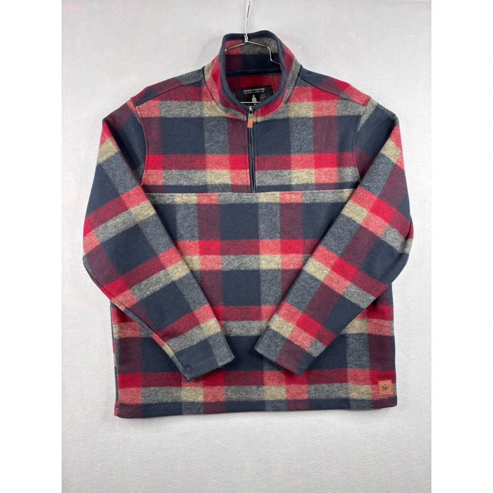 John Wayne Stock & Supply Mens XL Plaid Quarter Zip Fleece Pullover Red Blue 176